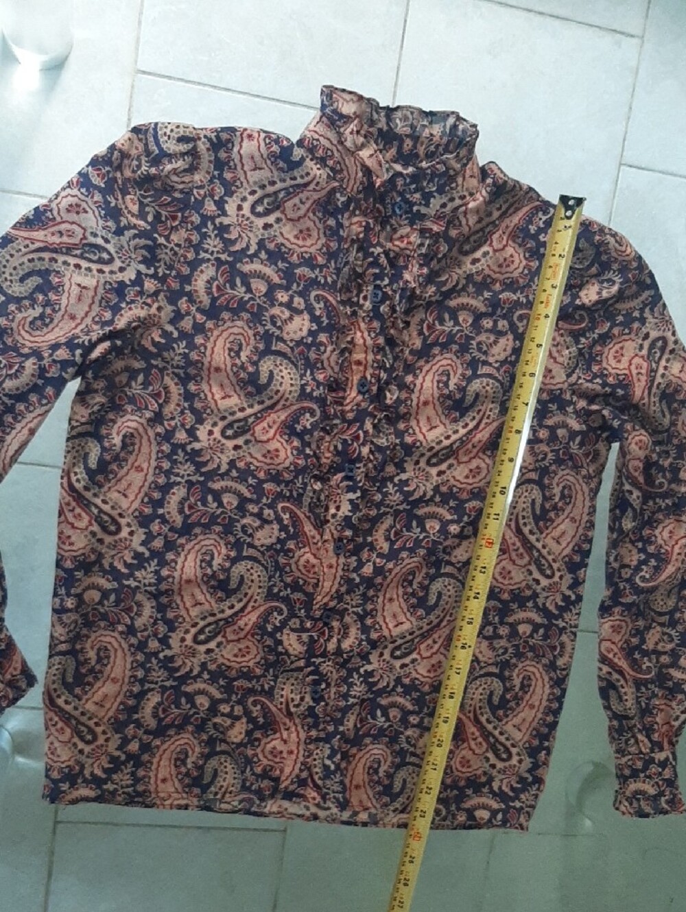 HAND-SEWN🧵70's STYLE Paisley High-Neck Blouse in Navy&Tan BUTTON-UP Fits M/L - Picture 8 of 10